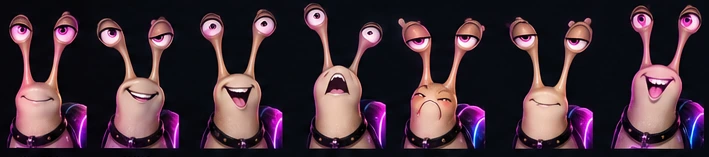 Seven expressions of Velix, from a knowing smile to laughter and surprise