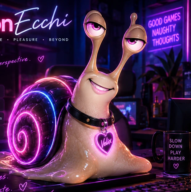 Velix, a smiling snail with a glowing purple and pink shell, in a neon gaming room